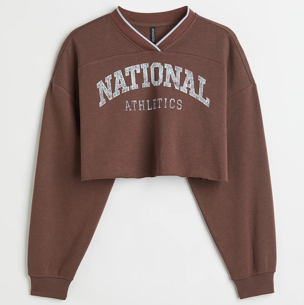 H&M Brown V-Neck Cropped Sweater with Ribbed Trim